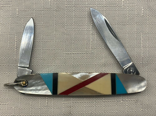 Vintage Turquoise Mother Of Pearl Inlay Pocket Folding Knife Zuni Southwestern