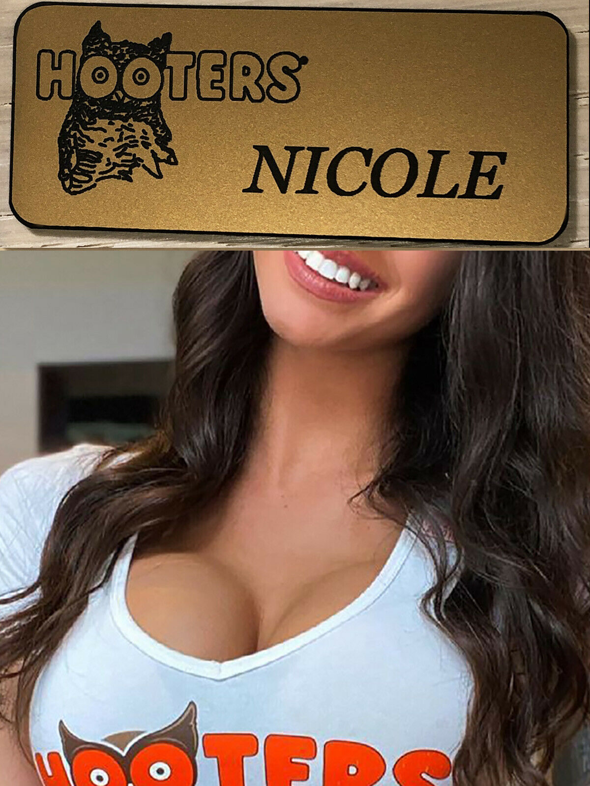 ~new~ Nicole Gold Name Tag Hooters Uniform Halloween Costume Collectible Pin