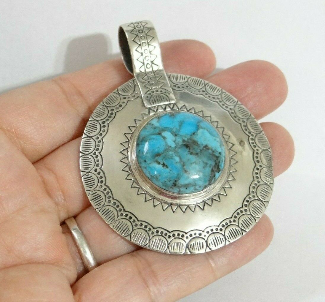 Vtg Massive Sterling Silver Etched Southwestern Style Turquoise Cabochon Pendant