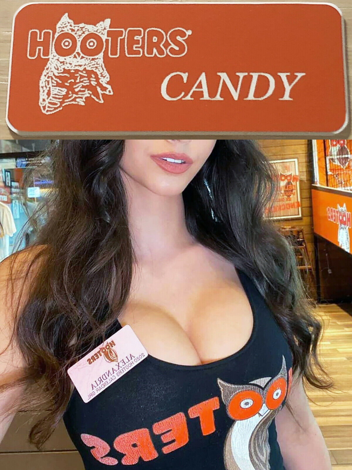 ~new~ Candy Name Tag Hooters Uniform Halloween Costume Collectible Pin Badge