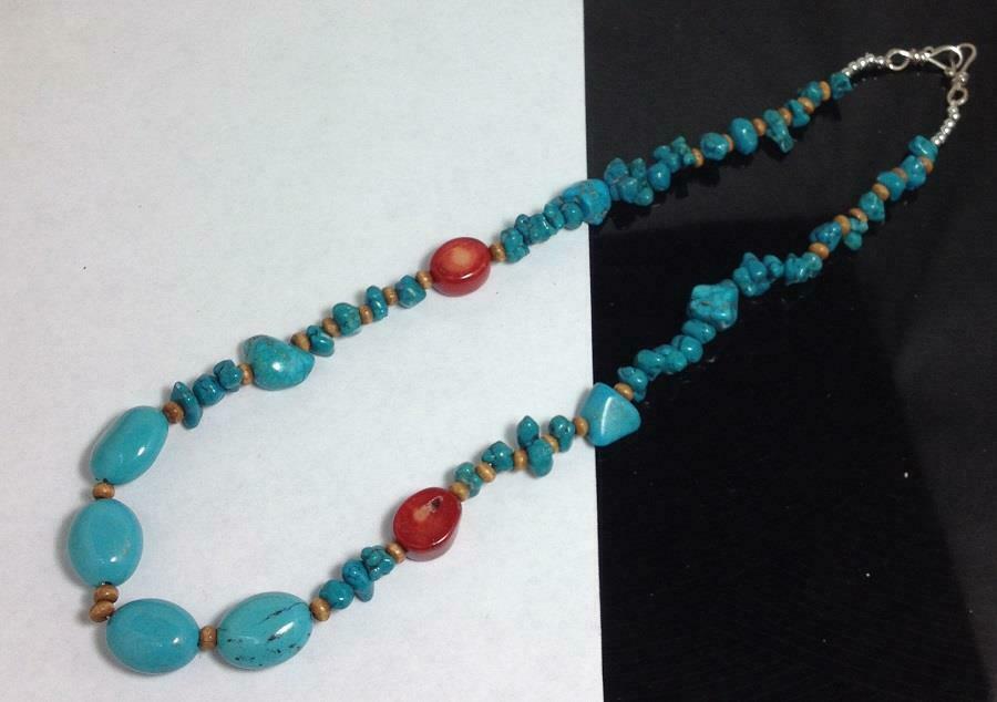 19" Southwestern Block Turquoise /coral  Necklace(y302-w1.5)